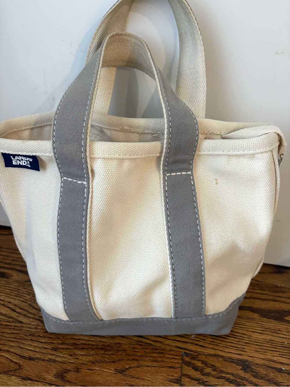 Lands' End Cream Canvas Tote with Gray Trim